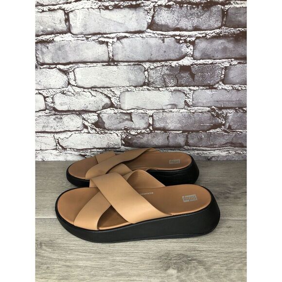 Fitflop F-Mode Brown Leather Flatform Cross Strap Slides Women’s Sz 10M US/42EU - Picture 1 of 16
